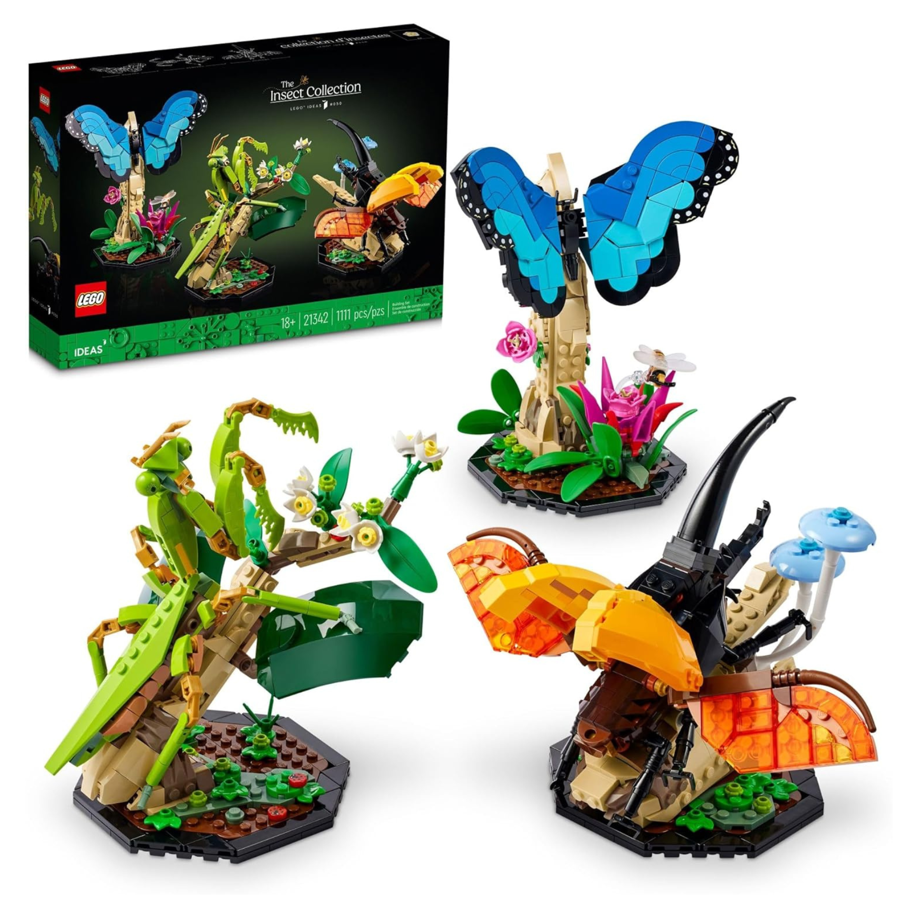 LEGO Insect Collection set featuring a blue butterfly, green mantis, and a beetle, each with detailed plants and flowers.