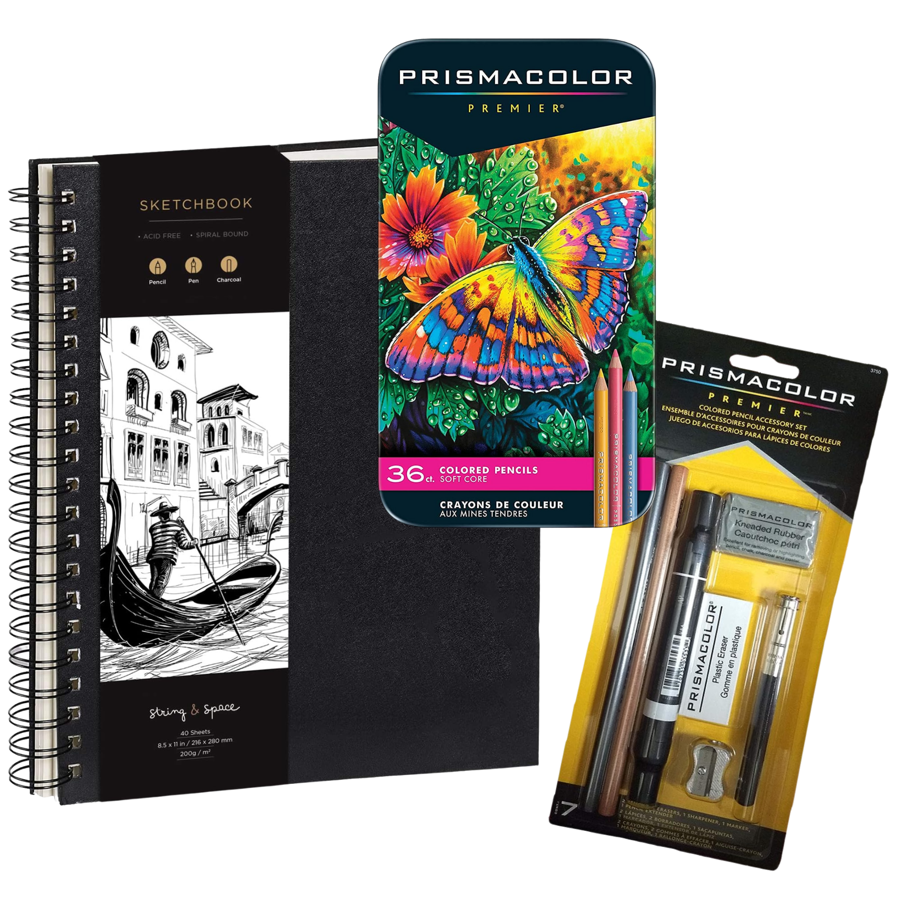 Sketchbook, Prismacolor colored pencils set, and drawing accessory kit featuring pencils, eraser, and sharpener.