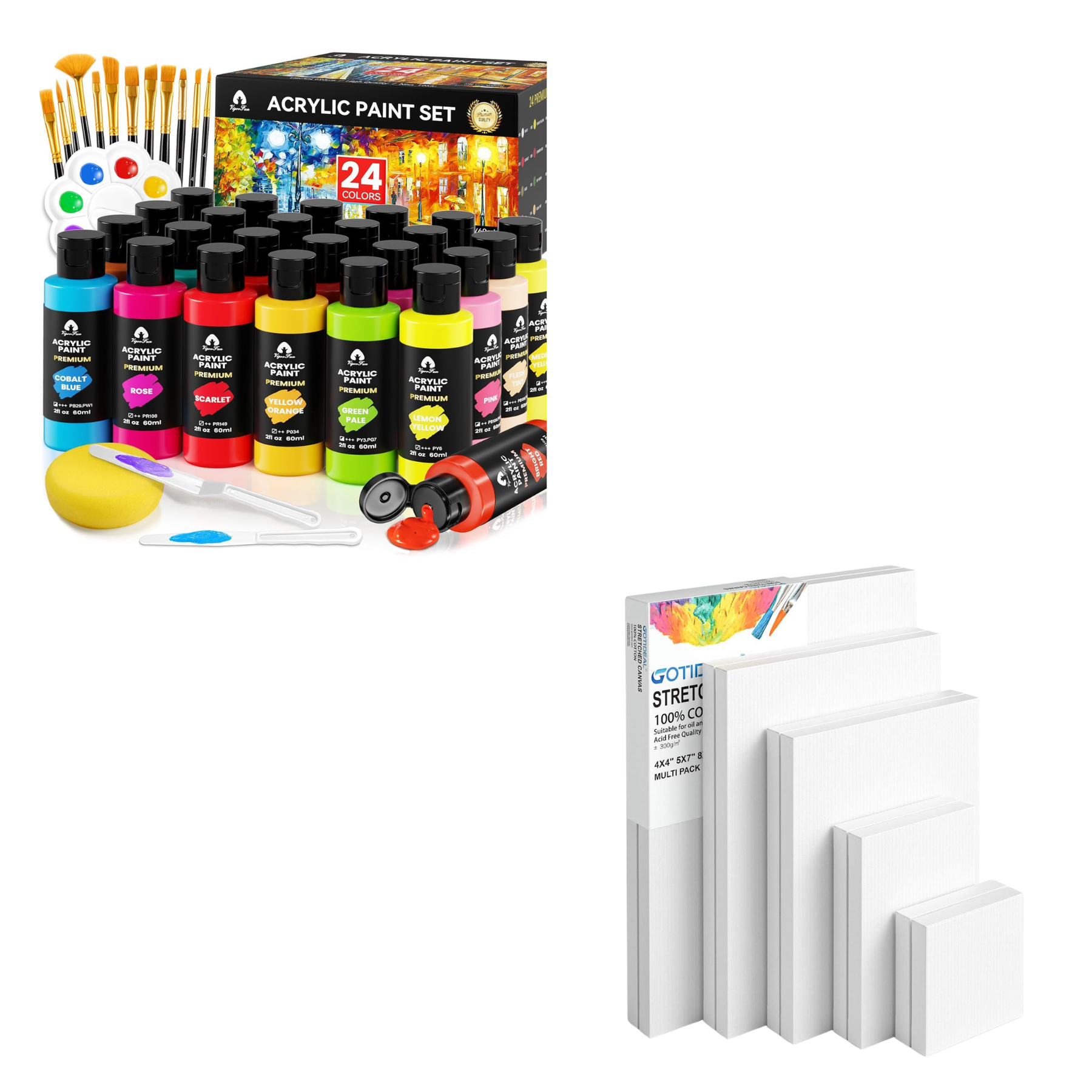 Acrylic paint set with brushes, palette, sponge, and canvases.