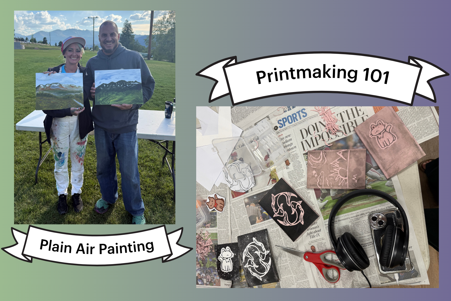 Two activities: Plain Air Painting with two people holding landscape paintings and Printmaking 101 with tools and prints on a table.