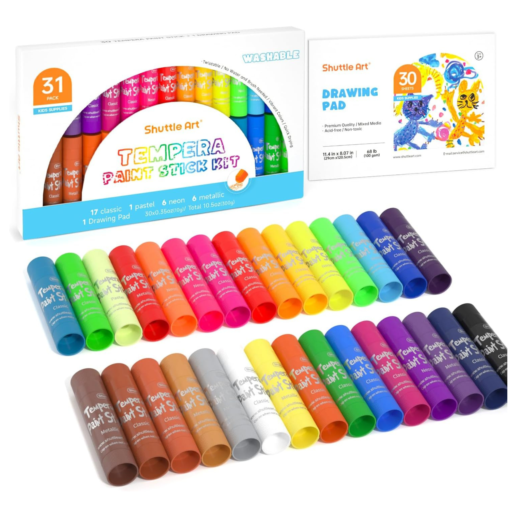 Tempera paint stick kit with 31 sticks in various colors and a 30-sheet drawing pad.
