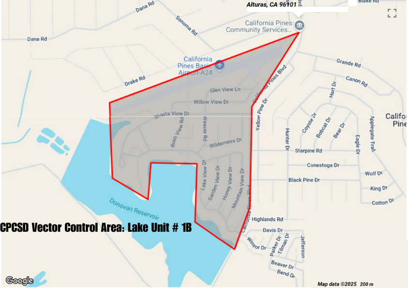 Map highlighting the CPCSD Vector Control Area: Lake Unit #1B near Donovan Reservoir and California Pines Community Services.