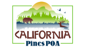 Logo with a landscape of trees, a bear, a deer, and birds, above the text "California Pines POA."