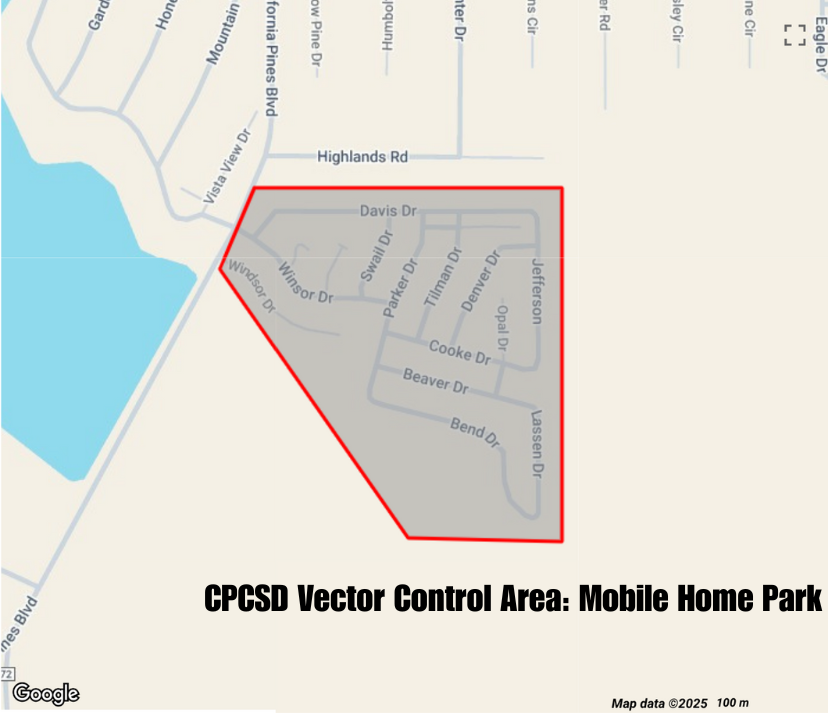 CPCSD Vector Control Area map highlighting a mobile home park with surrounding roads.
