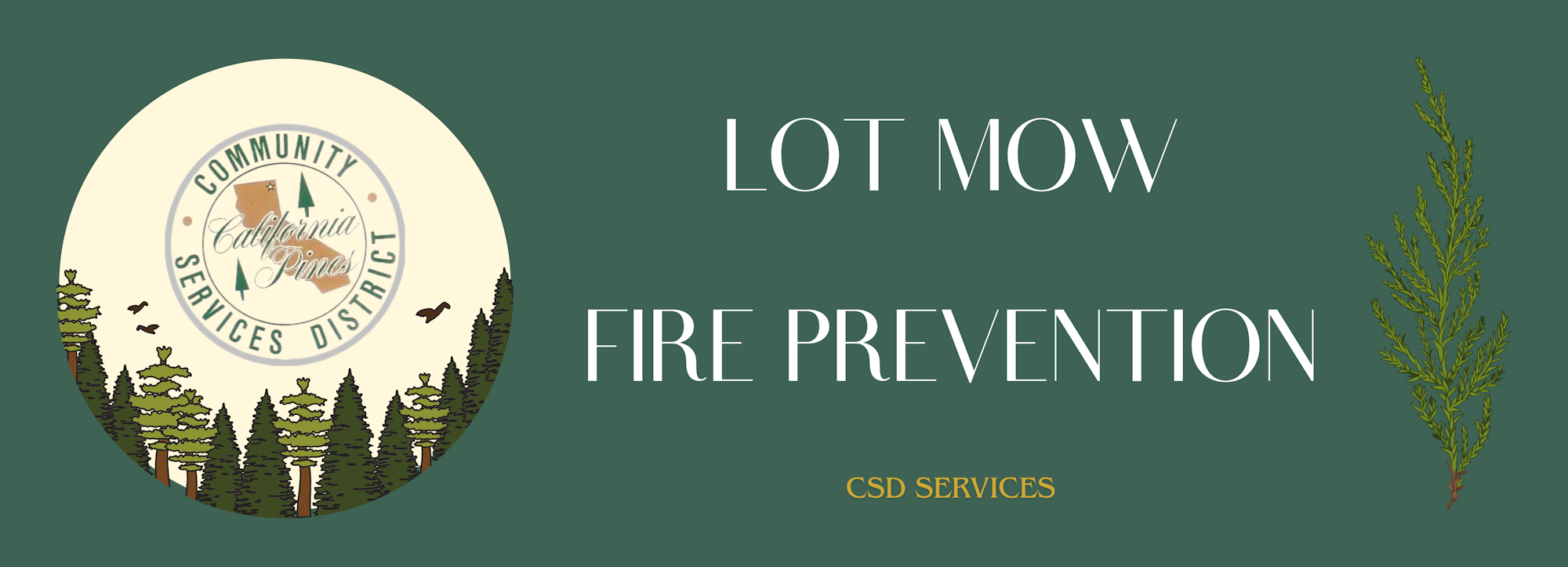 The image promotes fire prevention services, featuring "Lot Mow" and is associated with the Community Services District of California Pines.