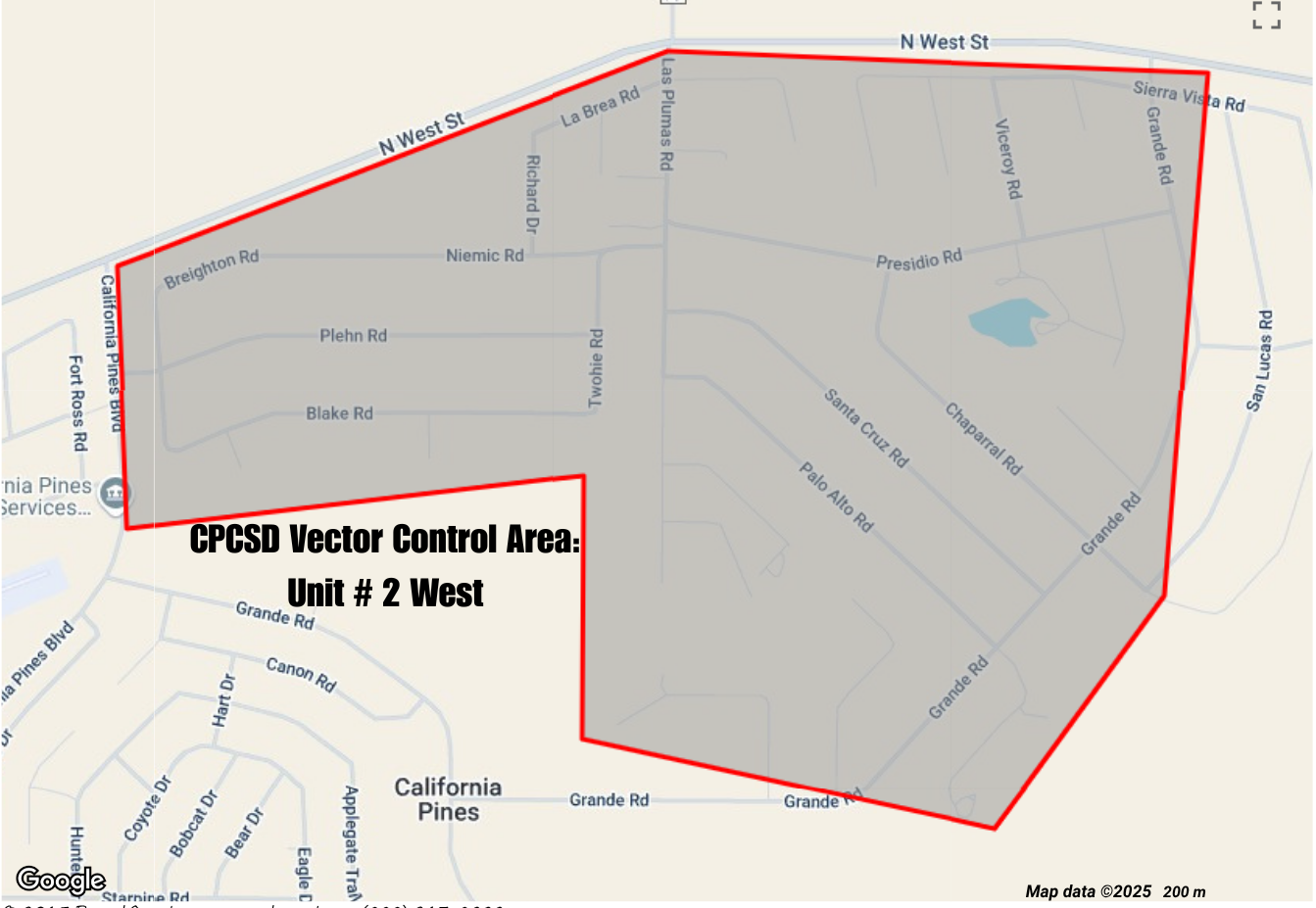 Map highlighting CPCSD Vector Control Area: Unit # 2 West.