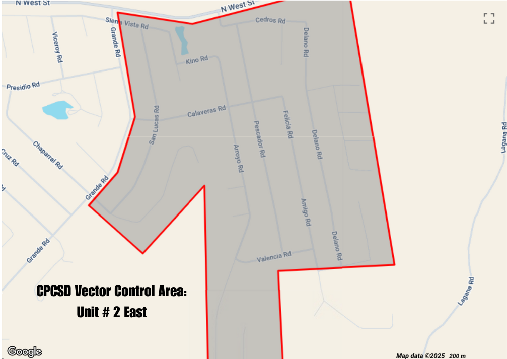 Map of CPCSD Vector Control Area: Unit #2 East, highlighted in red, showing roads and a pond.