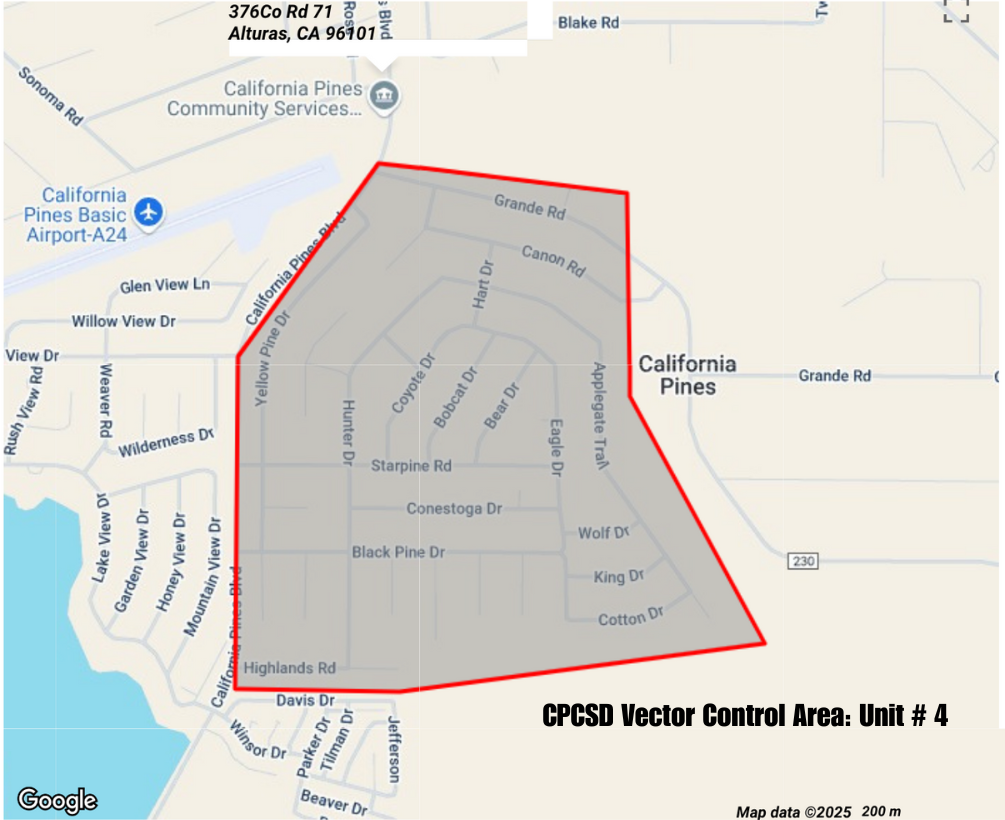Map showing CPCSD Vector Control Area: Unit #4 in Alturas, CA, with street names and boundaries highlighted.