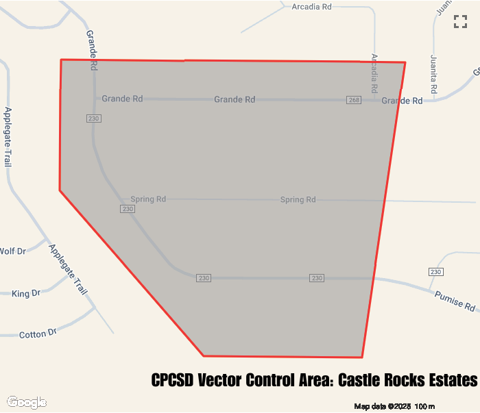 Map showing CPCSD Vector Control Area in Castle Rocks Estates, bordered in red.