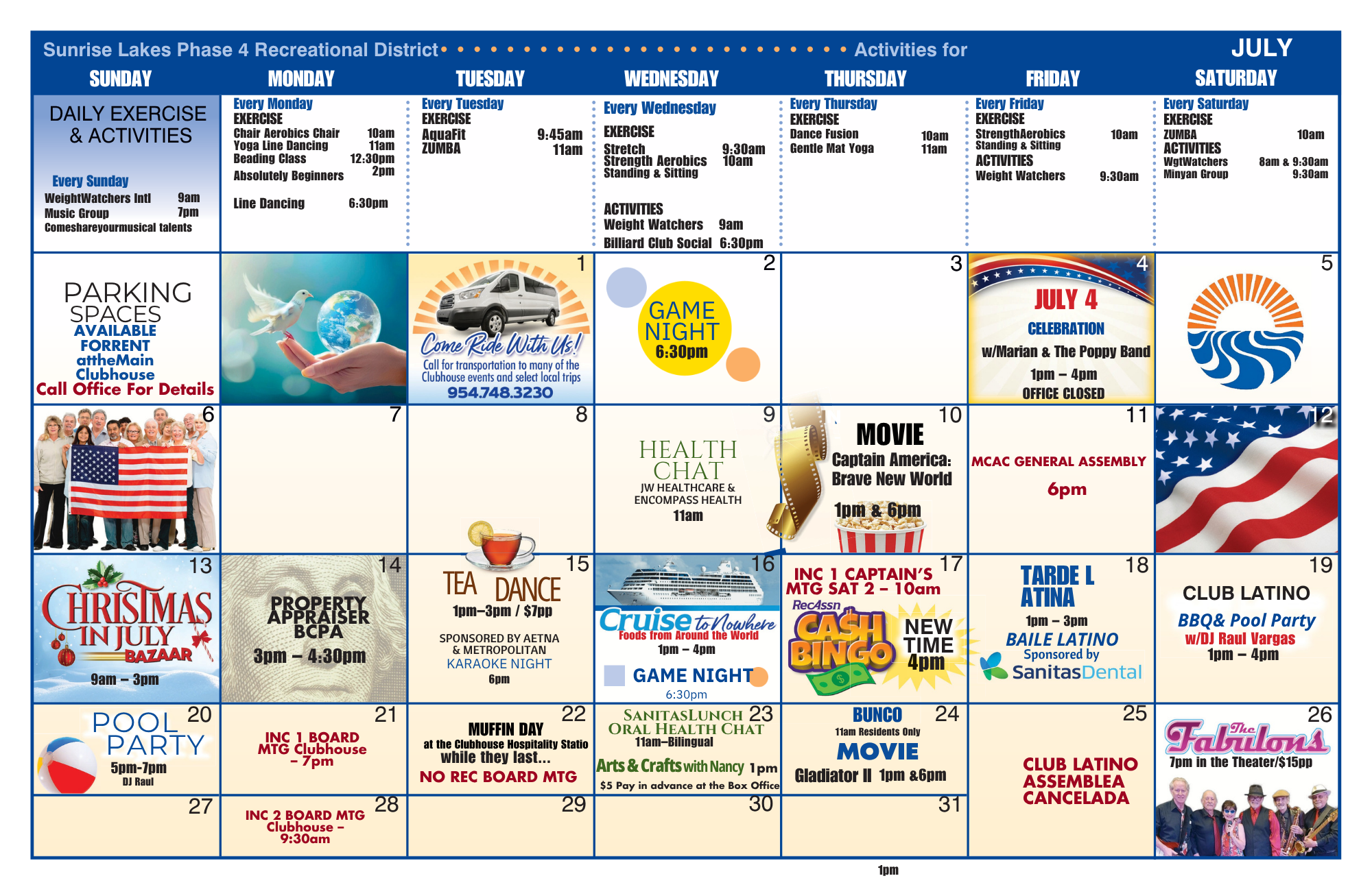 Calendar of activities for Sunrise Lakes Phase 4 in July, featuring exercises, events, and recreational activities.