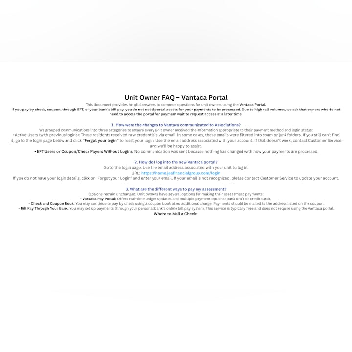 Unit Owner FAQ for the Vantaca Portal: login info, payment options, and communication details for users and associations.
