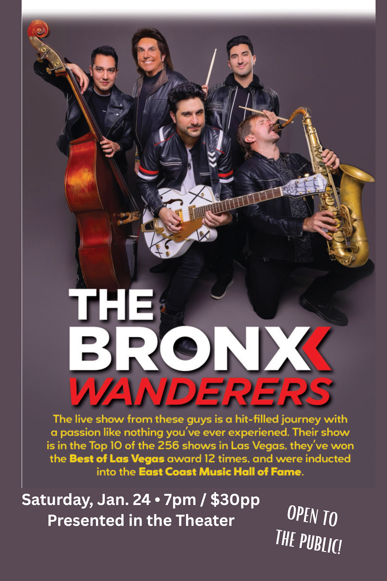 Promotional poster for "The Bronx Wanderers" live show on Jan. 24, highlighting their awards and passion for music.