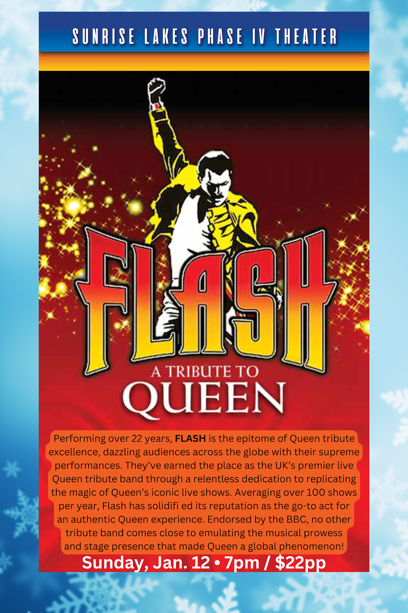 Poster for "FLASH: A Tribute to Queen" at Sunrise Lakes Phase IV Theater, Jan 12, 7pm, $22.