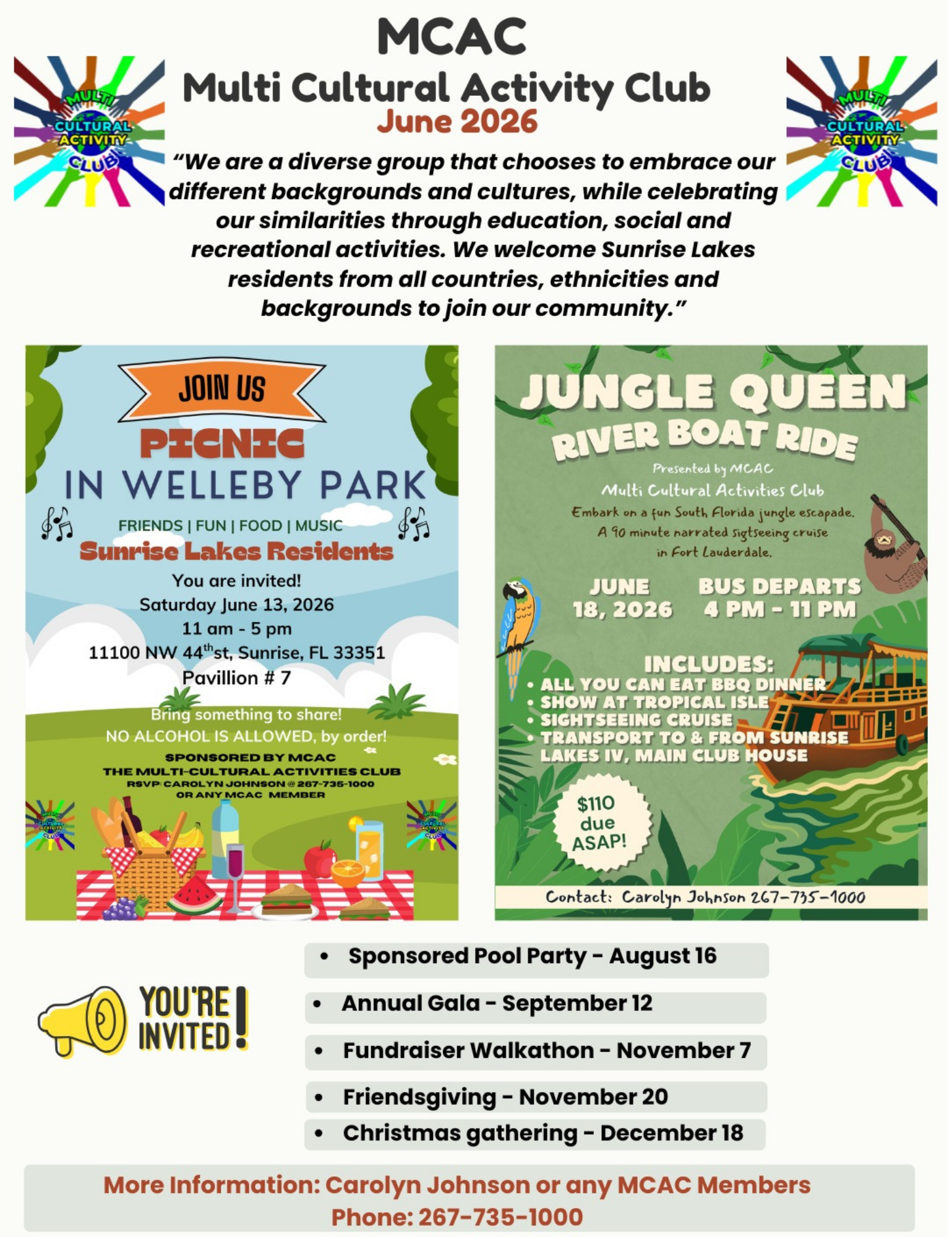 The image promotes the MCAC events in June 2026, including a picnic and jungle boat ride. It invites participation from residents.