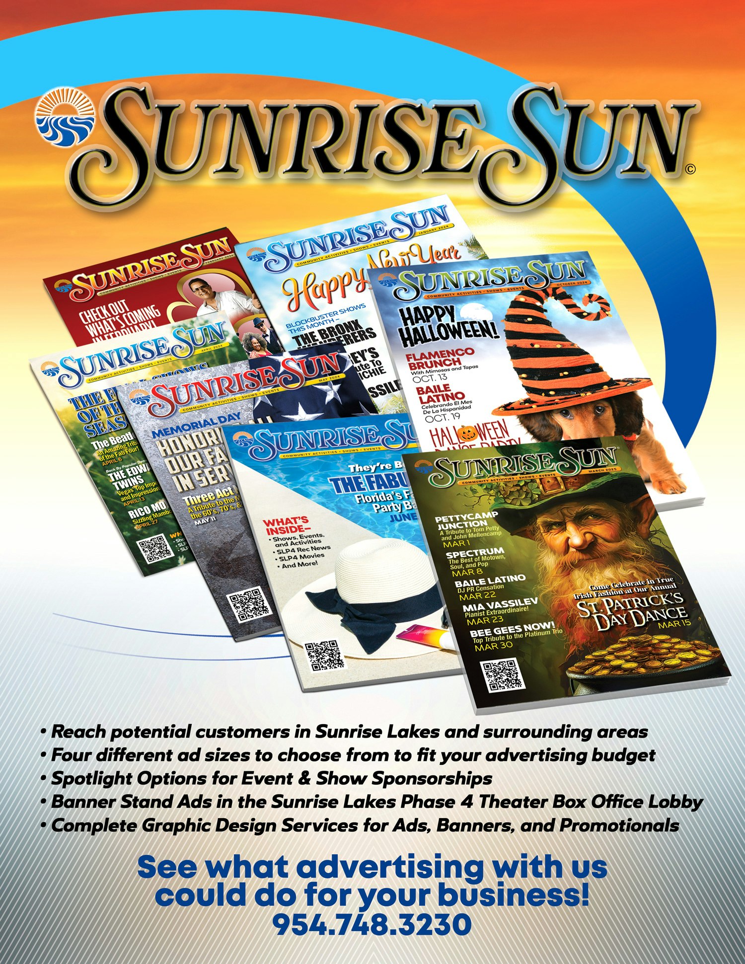 Magazine covers for "Sunrise Sun" with advertisement options and contact information for Sunrise Lakes promotions.