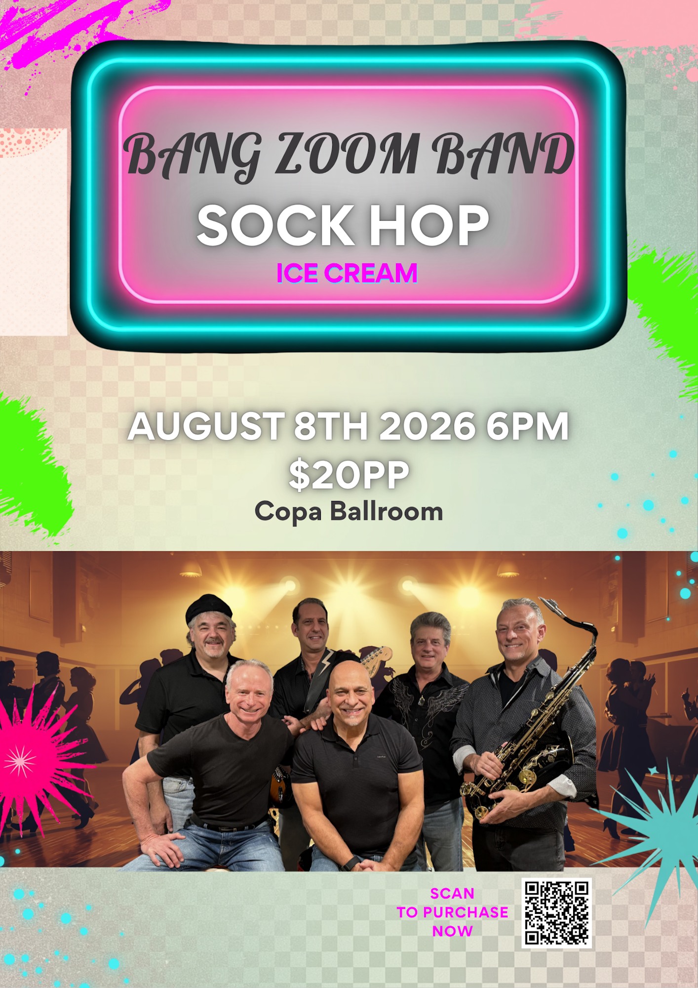 Event poster for a Sock Hop featuring the Bang Zoom Band on August 8, 2026, at Copa Ballroom. Tickets are $20.