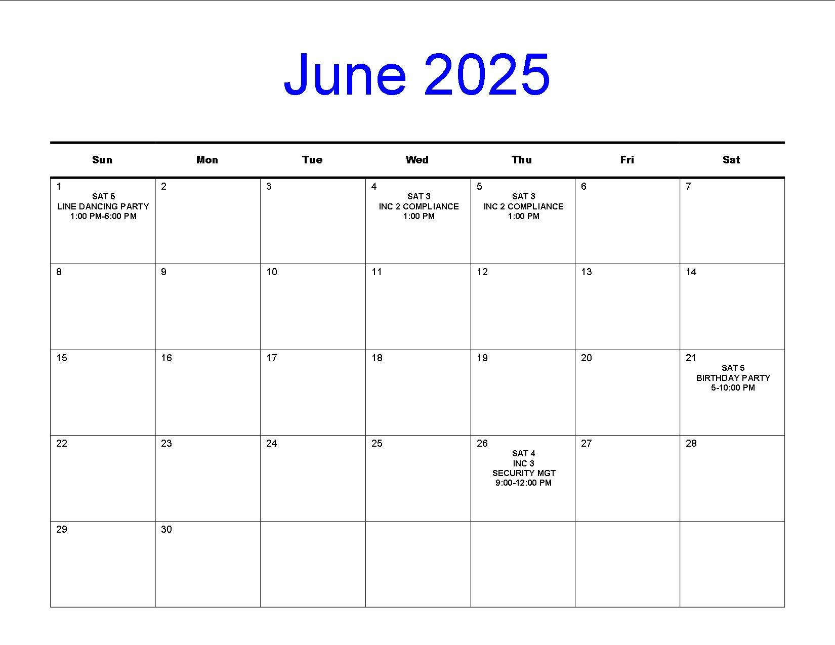 June 2025 calendar with events: Line Dancing Party, INC Compliance, Security Mgt, and Birthday Party on specific dates.