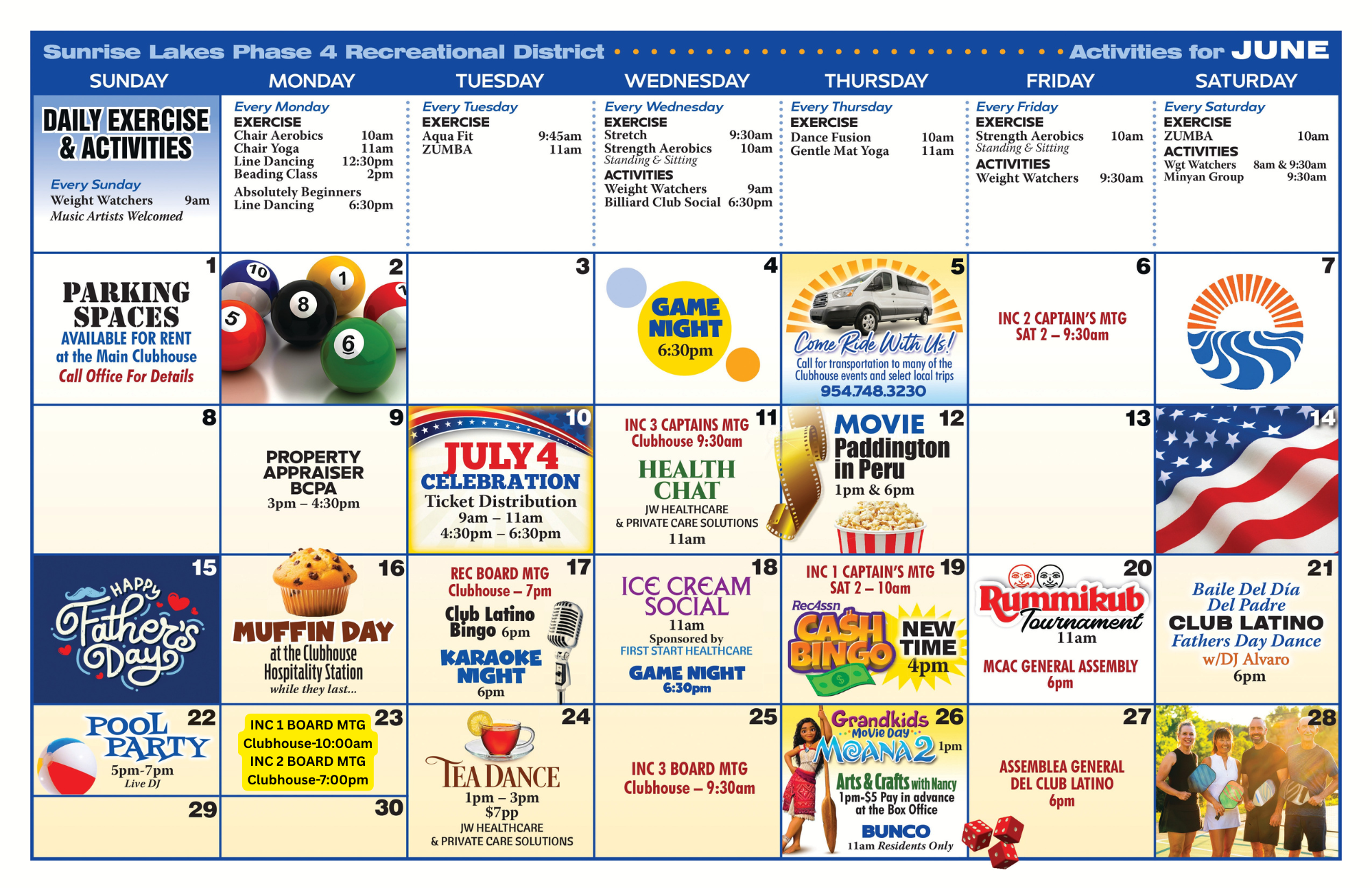 Calendar of June activities at Sunrise Lakes Phase 4 Recreational District, including exercise classes, events, and social gatherings.