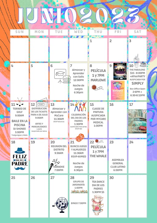 2023-06 Sunrise Lakes Activities Calendar in Spanish