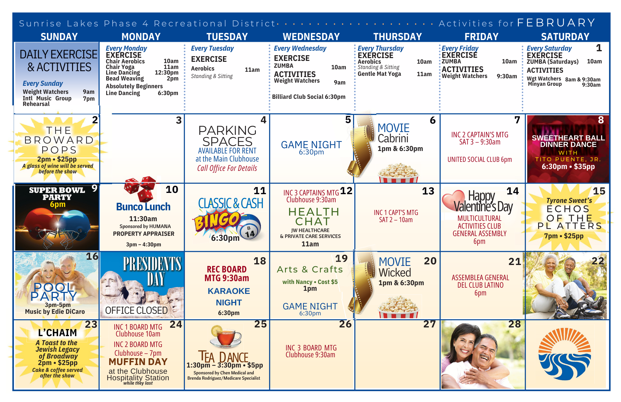 February activities calendar for Sunrise Lakes, including exercise classes, social events, and special celebrations.