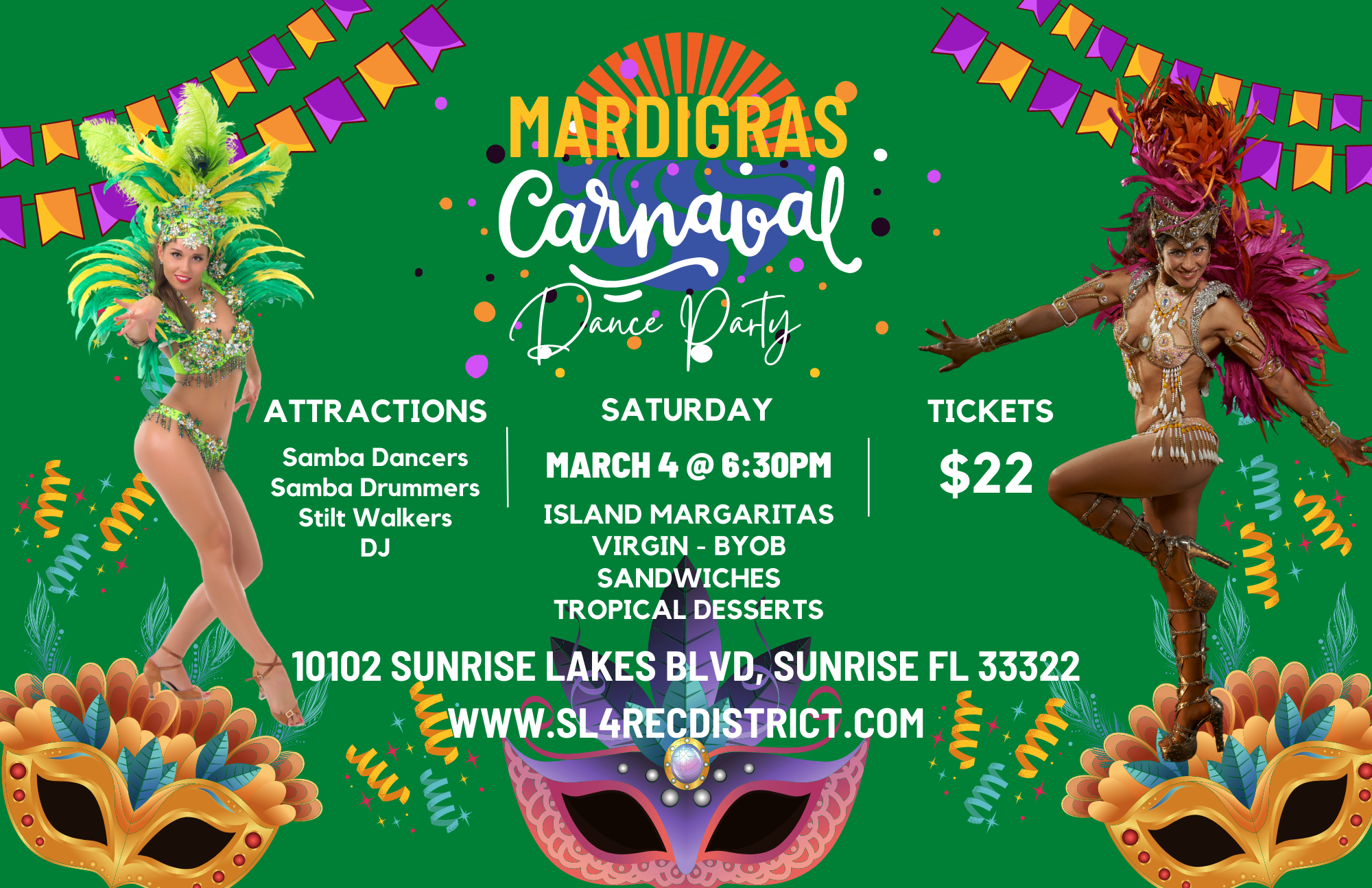 Mardigras Carnaval Dance Party at Sunrise Lakes Theater Complex March 4th 2023 @ 6:30pm $ 22