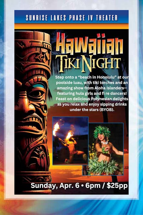 Join the Hawaiian Tiki Night luau on April 6, featuring hula dancers, Polynesian food, and drinks by the pool. $25.
