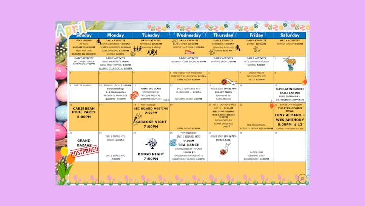 2023-04 Sunrise Lakes Activities Calendar with Boarder v1.0