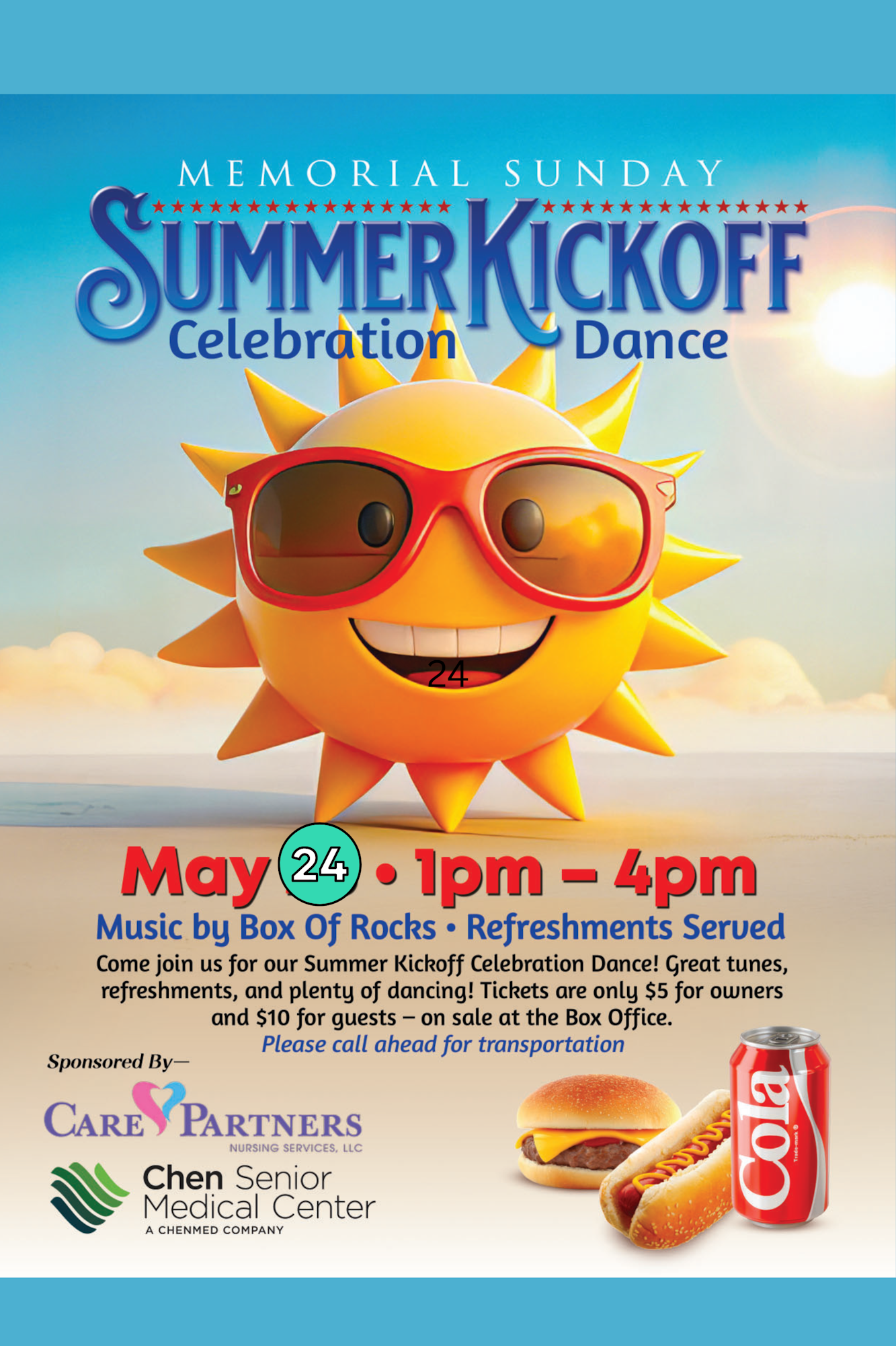 Promoting a Memorial Sunday Summer Kickoff Celebration Dance on May 24, 1-4 PM with music, refreshments, and ticket info.
