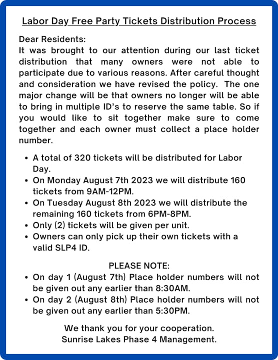 Labor Day Tickets Distribution Announcement August 2023