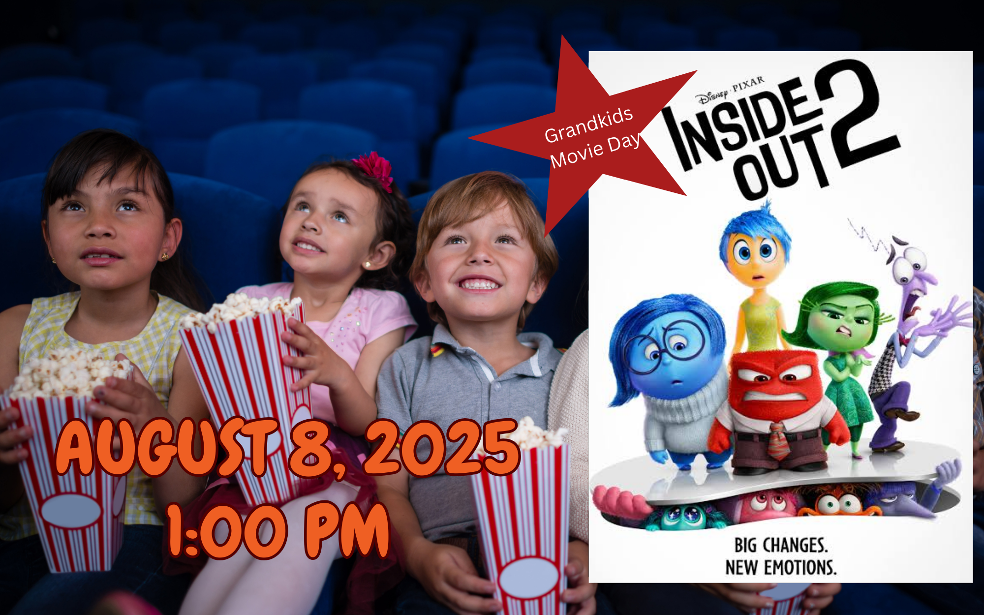 Kids with popcorn at a theater, "Inside Out 2" poster, and "Grandkids Movie Day, August 8, 2025, 1:00 PM."