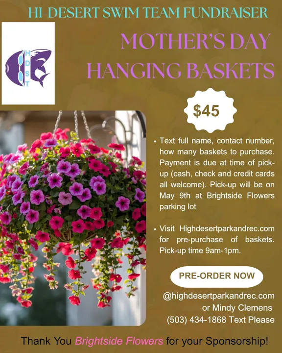Fundraiser for Mother's Day hanging baskets ($45). Pre-order via text. Pick-up on May 9 at Brightside Flowers, 9am-1pm.