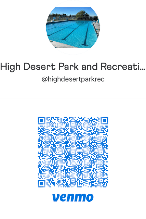 Venmo QR code for High Desert Park and Recreation (@highdesertparkrec) with a pool image.