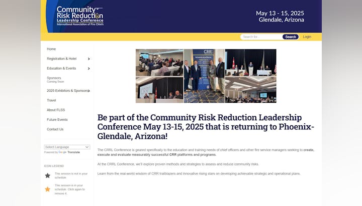 Community Risk Reduction Leadership Conference, May 13-15, 2025, Glendale, AZ. Includes event details and navigation menu.