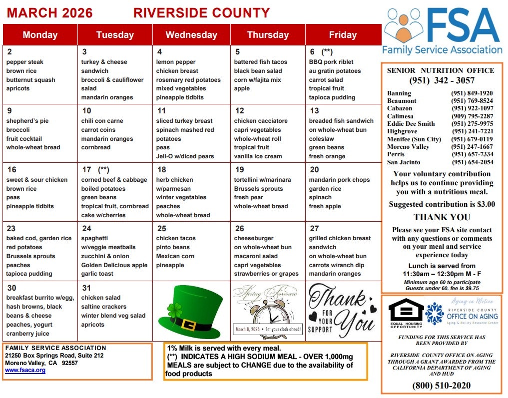 This image displays a meal plan for March 2026 in Riverside County, including daily menus and nutrition office contact information.