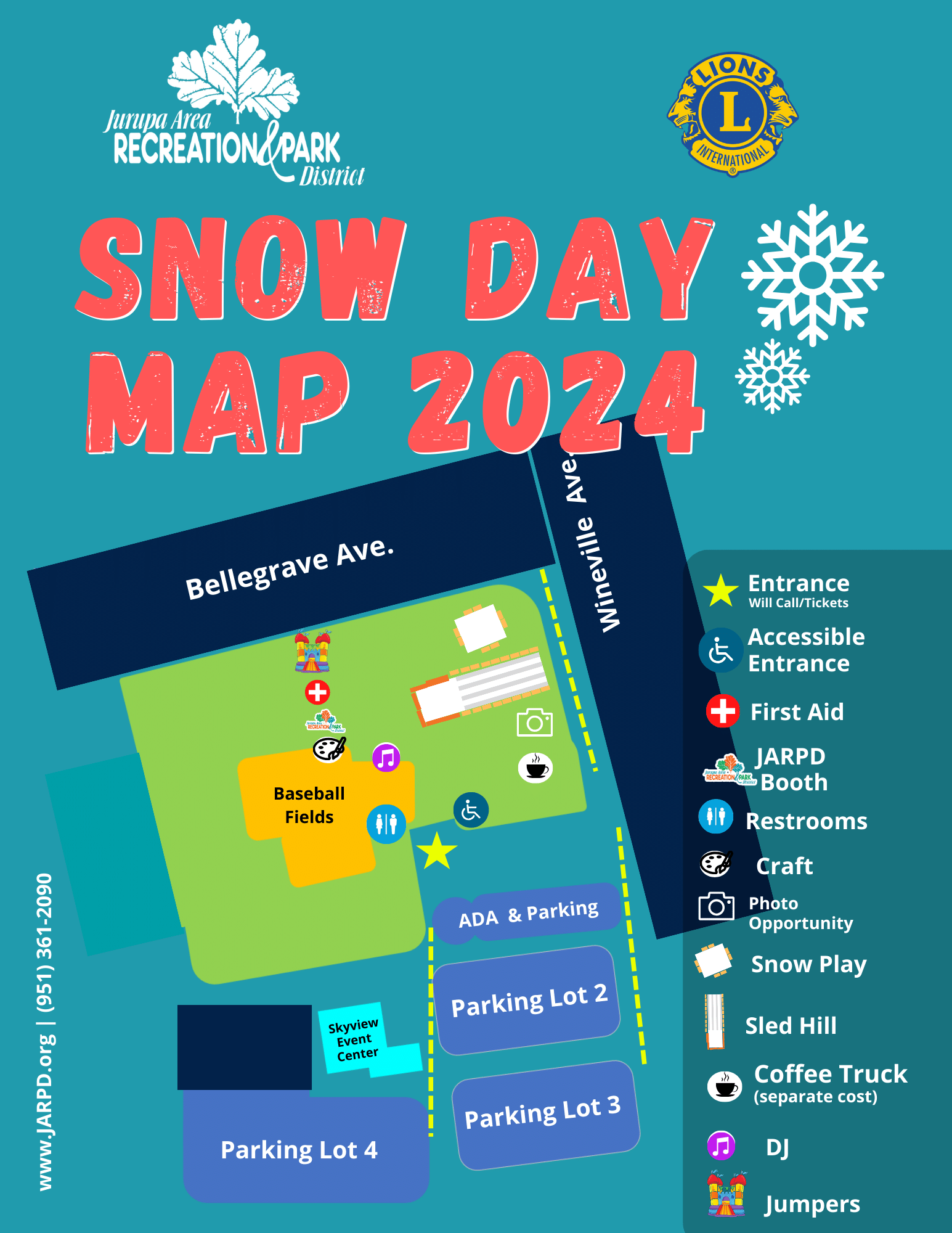 A map for the Jurupa Area Recreation & Park District's Snow Day 2024, showing locations for activities, parking, and facilities.