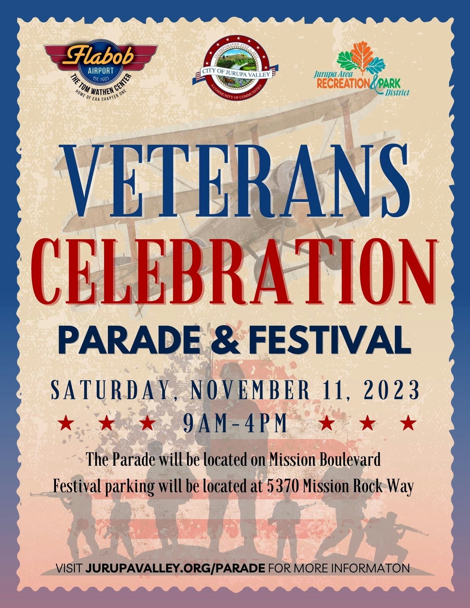 Veterans Celebration Parade & Festival on November 11, 2023, from 9 AM to 4 PM at Flabob Airport, Jurupa Valley.