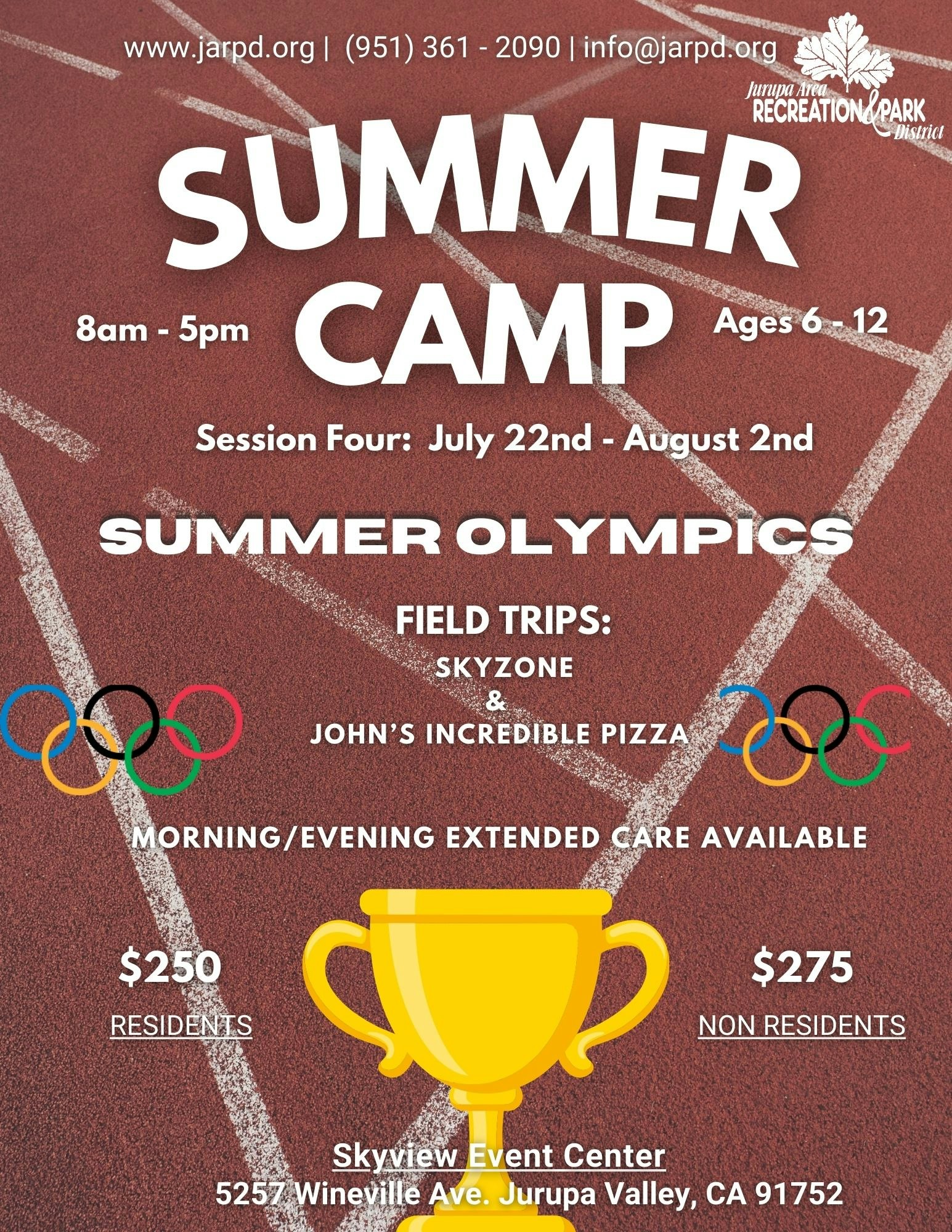 A flyer for a Summer Camp for ages 6-12 with details on session dates, field trips, and costs for residents and non-residents.