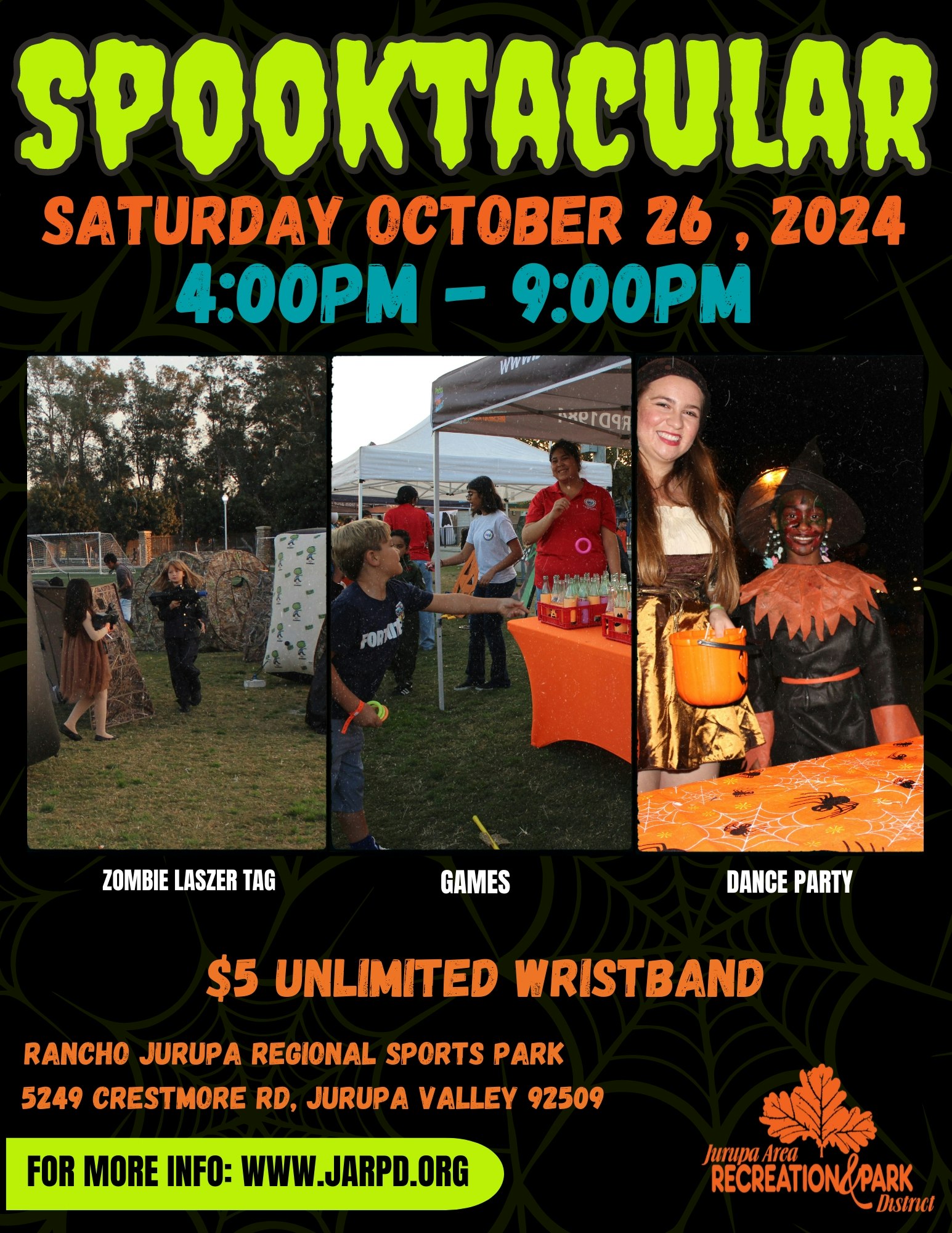 A Halloween event flyer featuring photos of people playing games, laser tag, and wearing costumes.