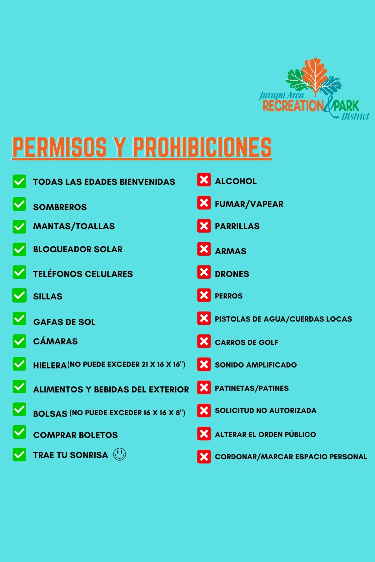 List of permitted and prohibited items at a recreational park, with checkmarks and crosses indicating what's allowed or not.