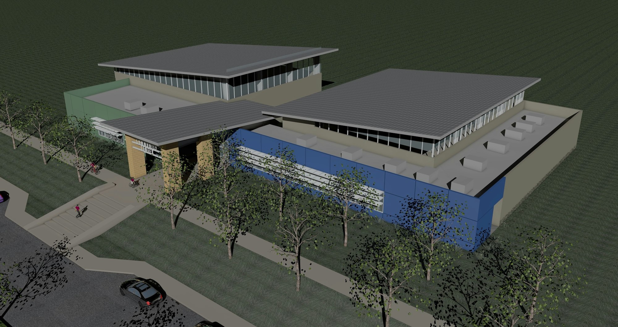 An architectural rendering of a modern building layout with green and blue accents, surrounded by trees and pathways.