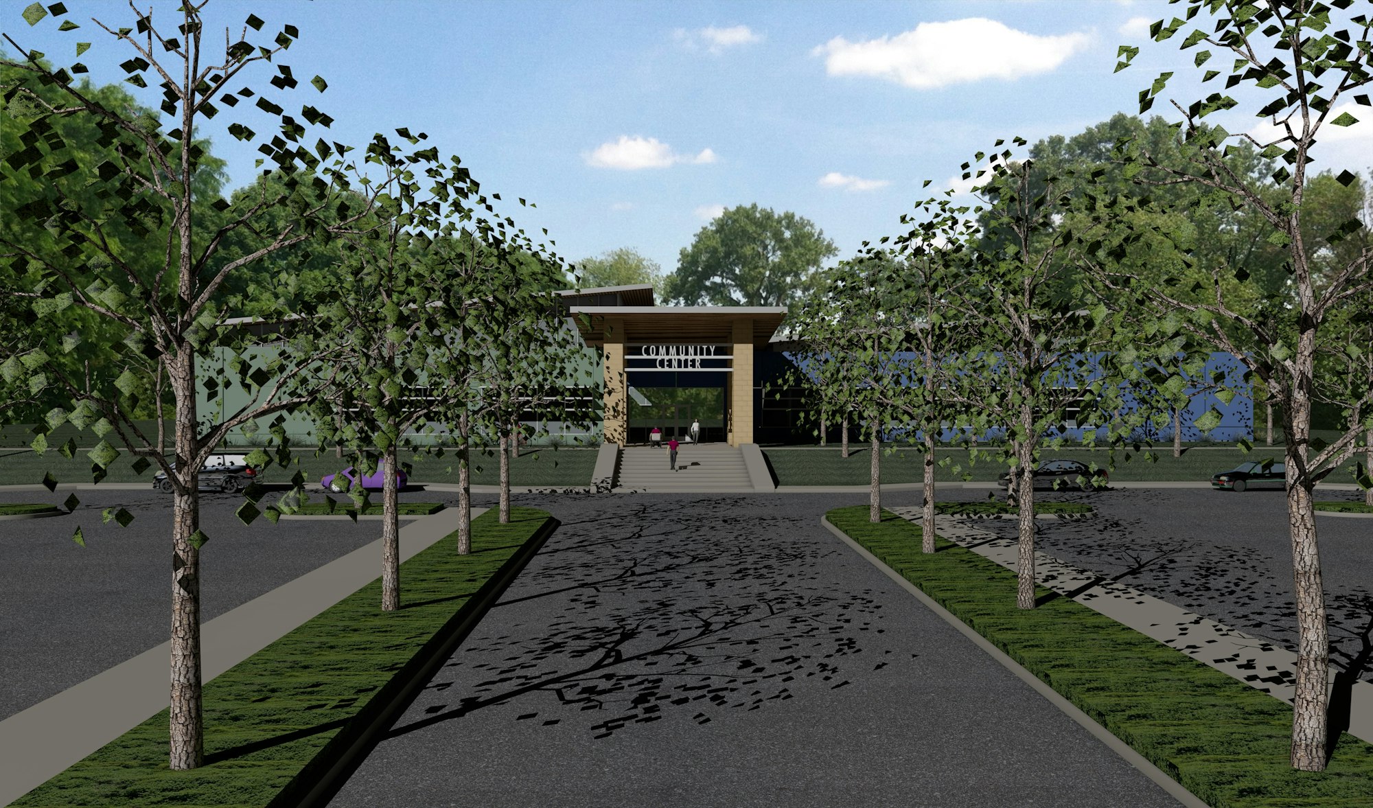 A modern community center is shown, framed by trees and a parking lot, under a clear blue sky.