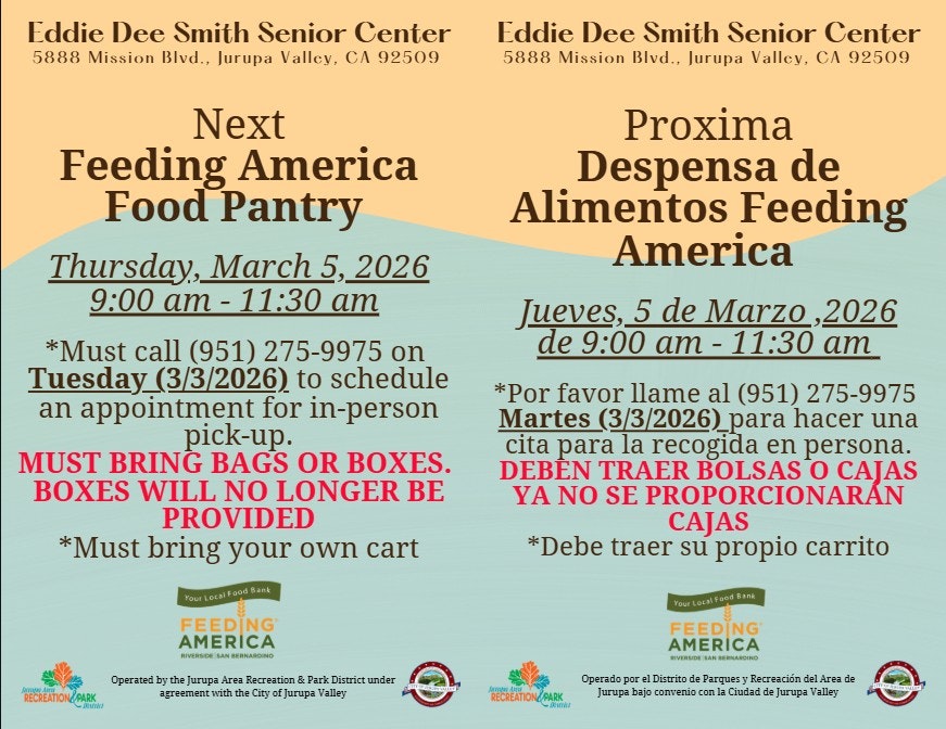 Feeding America Food Pantry on March 5, 2026, 9:00-11:30 AM. Call to schedule; bring bags/boxes and your own cart.