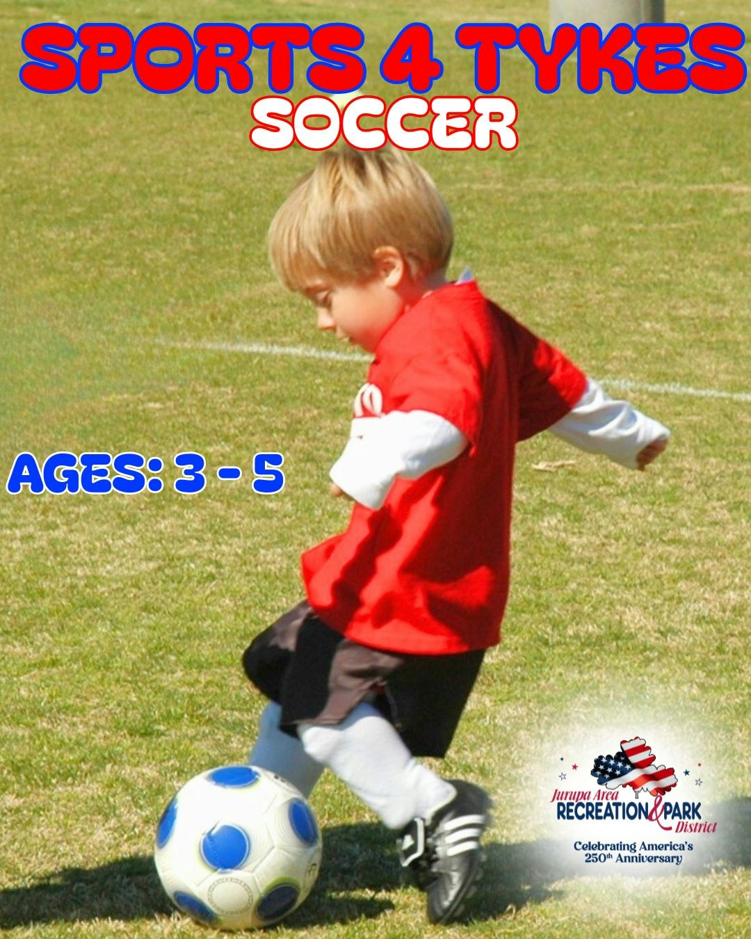 The image promotes a soccer program for kids ages 3-5 called "Sports 4 Tykes," featuring a young child playing soccer.
