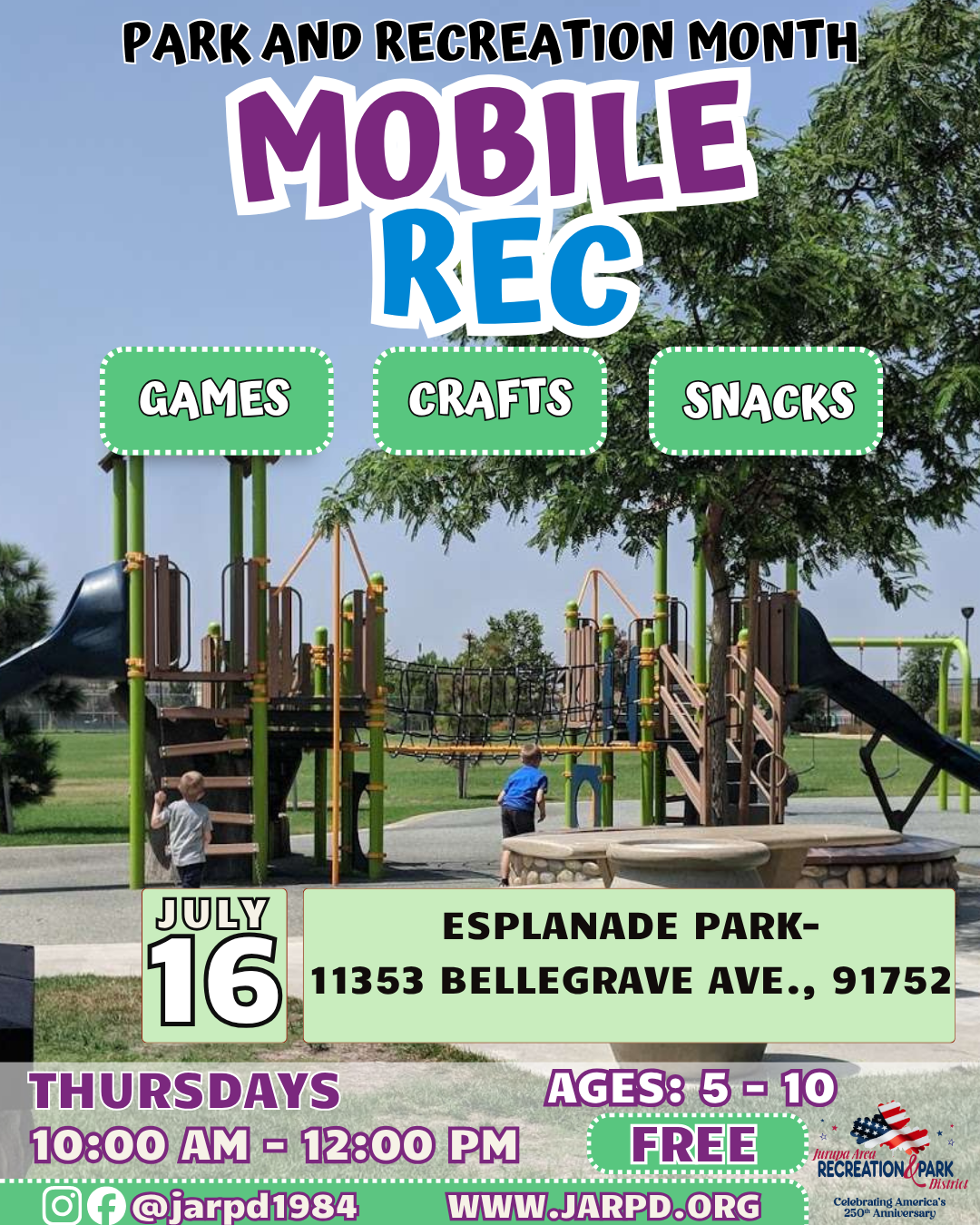 Join Mobile Rec at Esplanade Park on July 16 for games, crafts, and snacks! Free for ages 5-10, Thursdays 10 AM-12 PM.