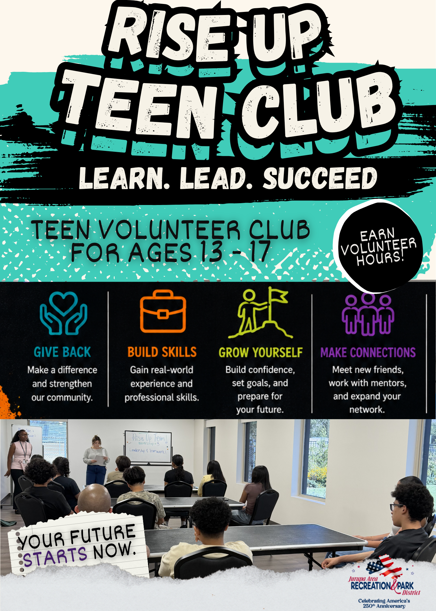 The image promotes the "Rise Up Teen Club," a volunteer program for ages 13-17 focused on community service, skill-building, and networking.