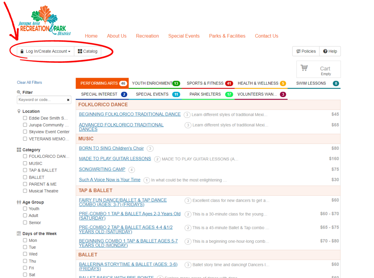 The image shows a webpage for a recreation and park district, highlighting classes and activities like dance and music lessons.