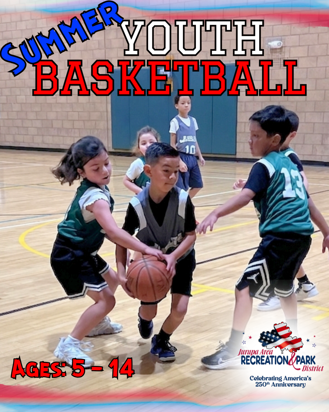 A youth basketball event for ages 5-14, featuring kids actively playing and promoting summer sports activities.