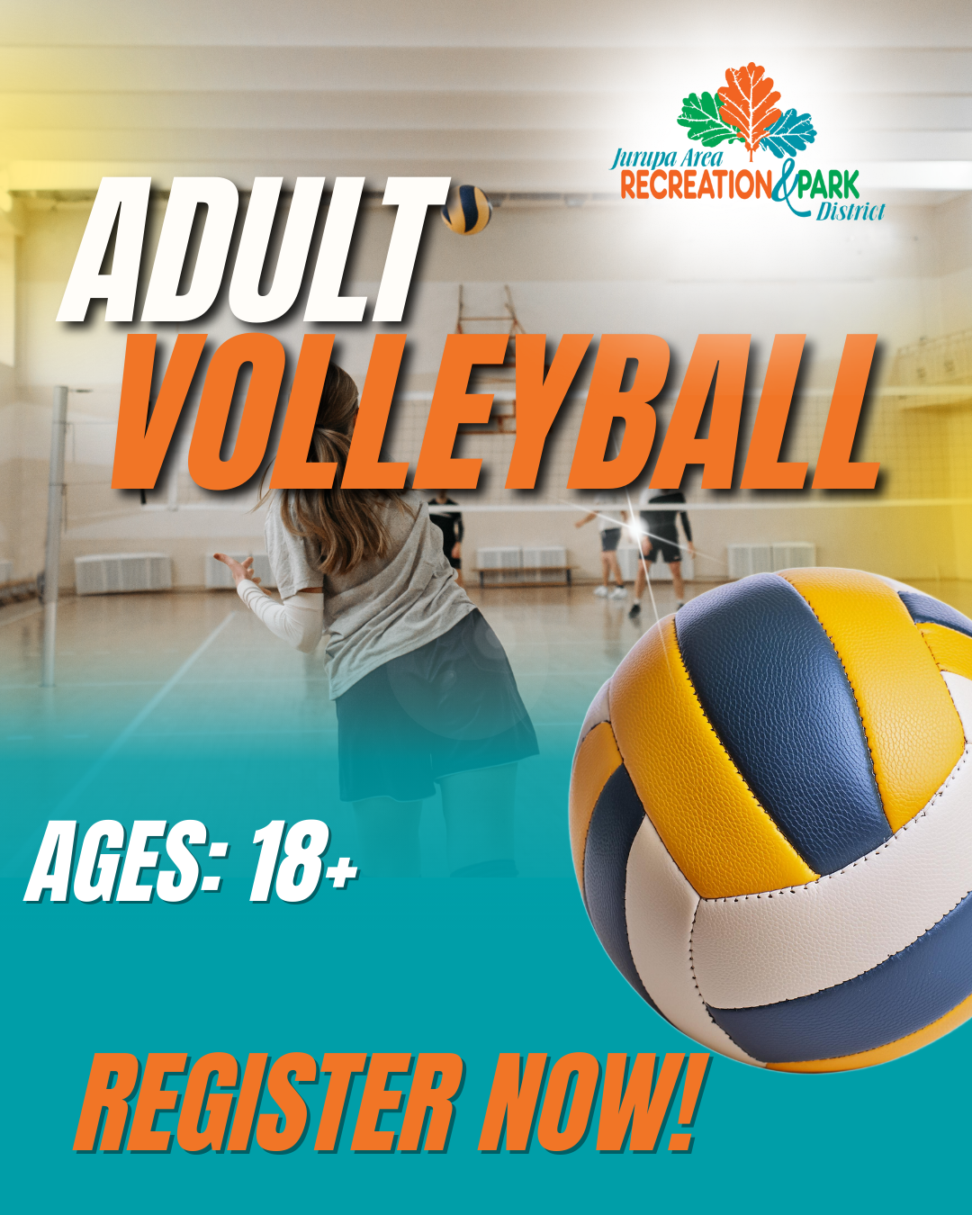 Advertisement for adult volleyball, ages 18+, with a call to register now.