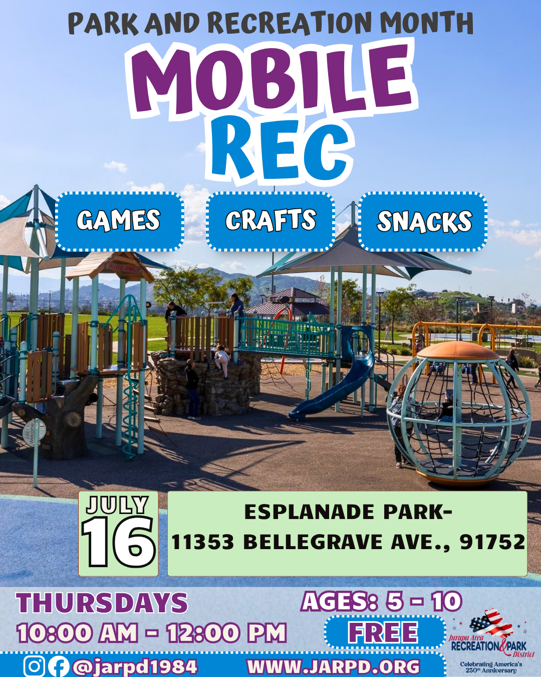 Event at Esplanade Park on July 16 for kids ages 5-10. Activities include games, crafts, and snacks. Free from 10 AM to 12 PM.
