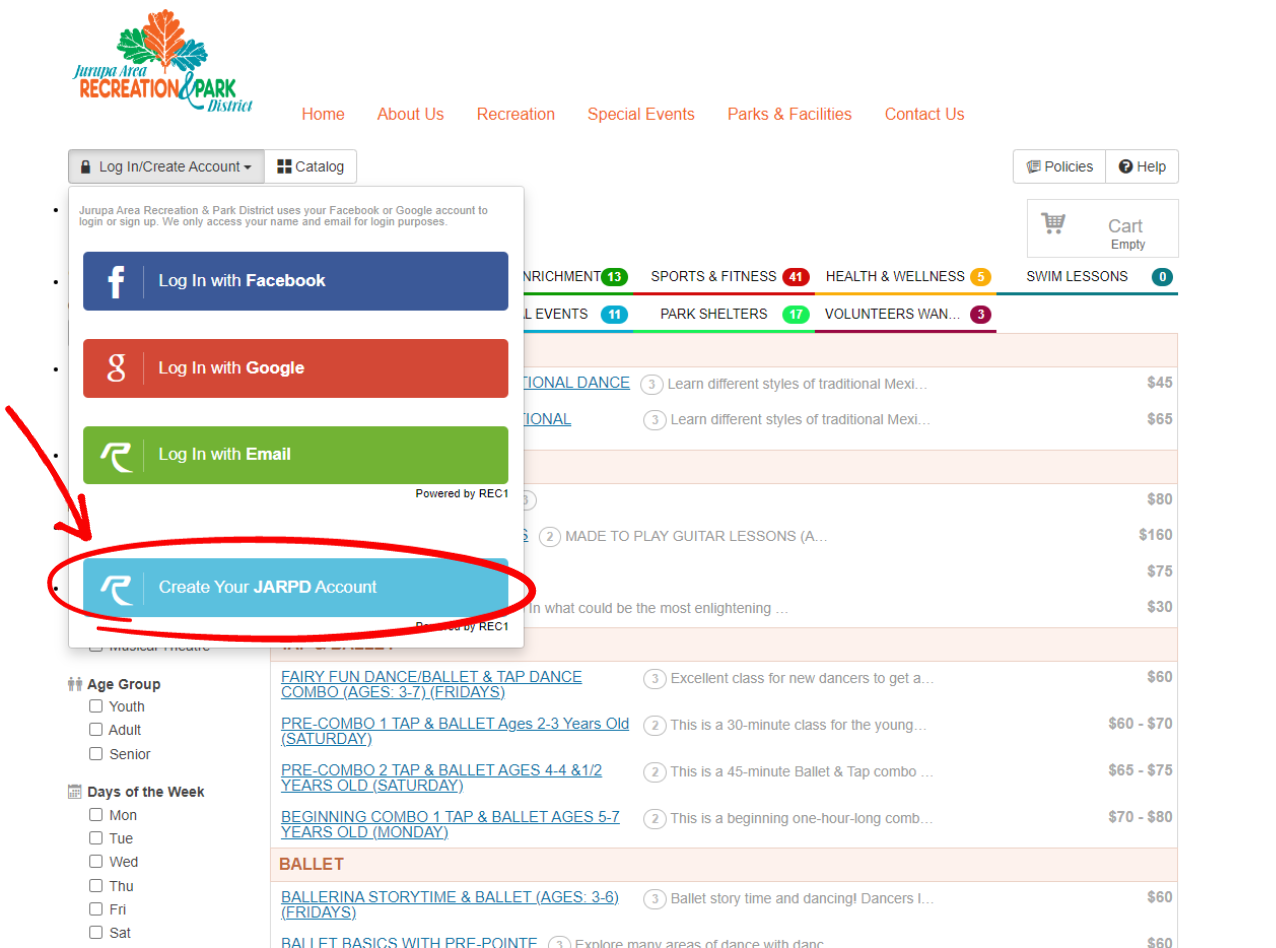 The image shows a webpage for the Jurupa Area Recreation & Park District, featuring account creation options and class listings.